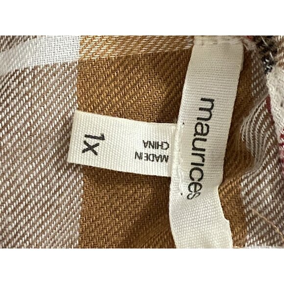 Maurices Womens 1X Open Blouse Plaid Fringe Roll Tab Sleeves - Picture 5 of 11